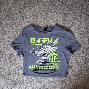 Cool Grey Crop Top with Green and Whitw Graphic Baby Tee with Cut Out Slits